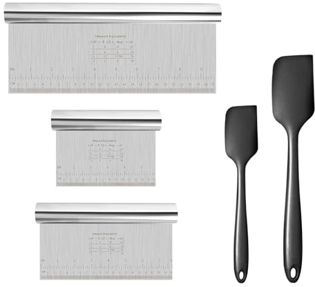 5 Stück Teigschaber Edelstahl und Silikonspatel, 15/20/25cm Antihaft Teigkarte Edelstahl Teigschneider mit Messskala 315℃ Hitzebeständiger Antihaft-Gummispachtel für Kuchen Cake Dough