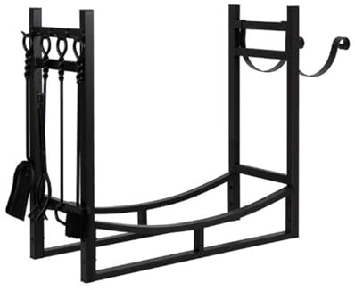 D·Philok Heavy Duty Firewood Log Rack with Fireplace Tools, Black Steel Frame, Raised Base Design, Indoor Outdoor Storage Holder, 33.5 x 12.9 x 30.7 Inches
