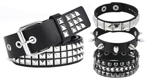 JcvPot 1 Stück Nietengürtel Mit 3 Nietenarmband, Studded Belt Für Herren Und Damen, Punk Rock Gürtel Mit Nieten, Emo Gürtel Für Konzerte Und Partys, Goth Accessories Für Y2K Style