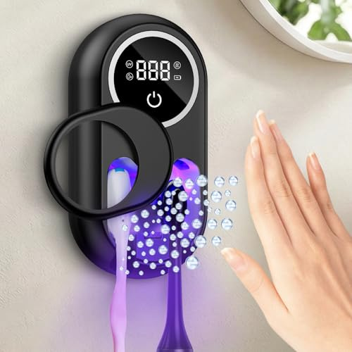 Ankilo UV Toothbrush Sanitizer with Automatic Disinfection & Drying, Black | Toothbrush Sanitizer Holder Wall Mounted, Smart Sensor Cover, LED Display, Rechargeable 2000mAh Battery for Bathroom & Travel