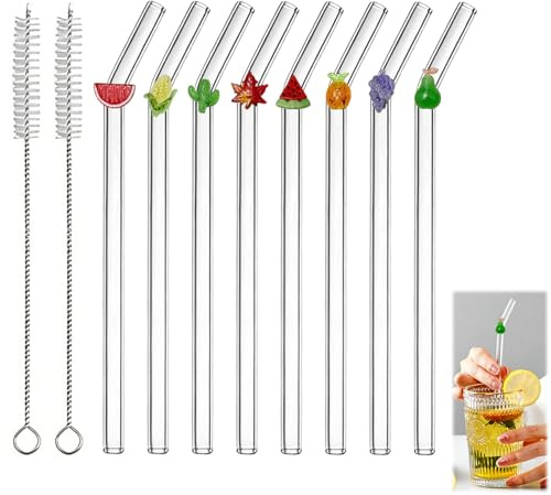 10 pcs Glass Straws Set with Charms, 8 Reusable Drinking Straws with 2 Cleaning Brushes, Decorative Borosilicate Glass Straw for Smoothies Juice Coffee Cocktail
