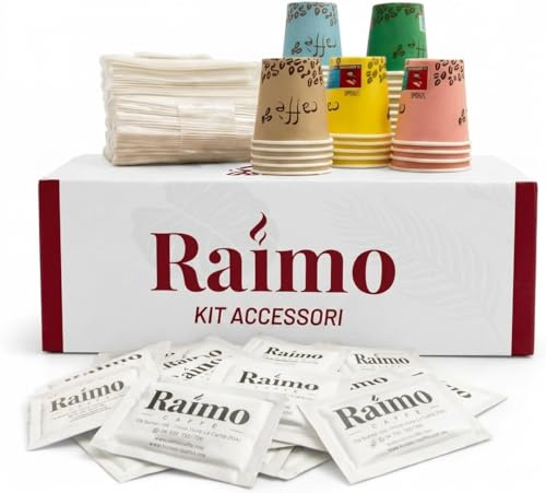 AURACAFFE' Kit Accessori caffè 100 Pz | 100 Bicchierini Carta Biodegradabili 75 ml, 100 Palettine in Legno Monouso, 100 Bustine di Zucchero Extra Fine