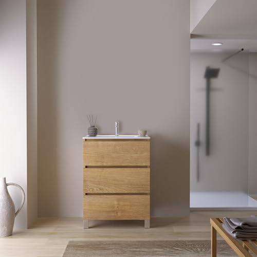 Feel Your Bath Mueble de Baño Jaguar 60 cm Marrón Madera, 3 Cajones Soft Close, Patas Negras, Encimera Cerámica Blanco Brillo con Lavabo, Diseño Moderno y Almacenaje Compacto para Baños Pequeños