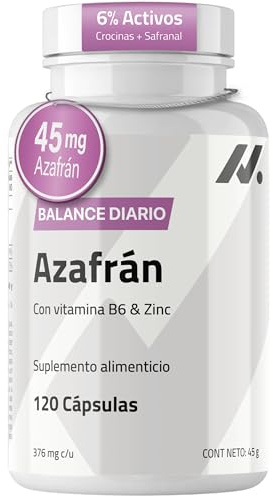 Extracto de Azafrán 45 mg 6% Crocinas y Safranal, Ánimo y B6-120 Cápsulas | Estado de ánimo y bienestar emocional, saffron supplement, azafrán puro estandarizado en cápsulas, con B6 y zinc, sin cafeína