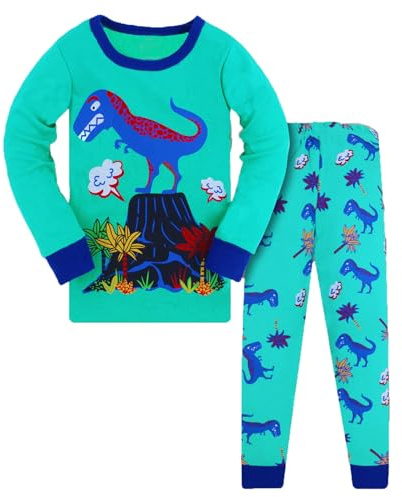 Ensemble Garçon Été 2 pièces Coton Dinosaure garçon Ensemble Nuit Manches Longues pour vêtement literie Confortable Tenue Veille ludique garçonne (Mint Green, 120)
