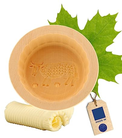 Hofmeister® Molde de Mantequilla casera 250g - 11 cm, Vaca, Hecho a Mano en Alemania, Molde de Mantequilla para Decorar, Molde Redondo de dintel, Madera de Arce Local