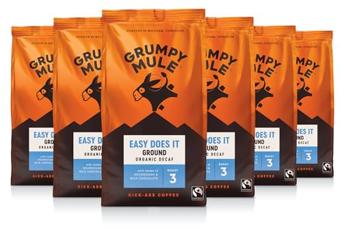 Grumpy Mule Easy Does It Swiss Water Organic (Decaf Ground Coffee) with notes of Milk Chocolate 200g (Pack of 6 - Total 1.2kg)