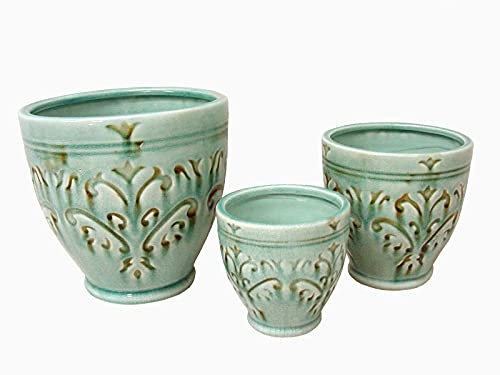 Desconocido Juego 3 MACETAS TIESTOS MACETEROS CUBREMACETAS Ceramica Relieve Verde