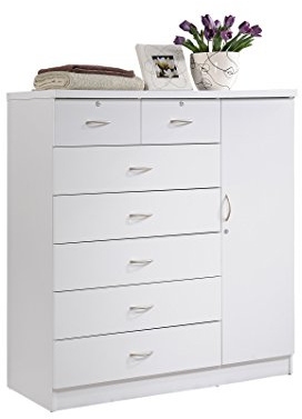 Hodedah 7 Drawer Jumbo Chest, Five Large Drawers, Two Smaller Drawers with Two Lock, Hanging Rod, and Three Shelves | White