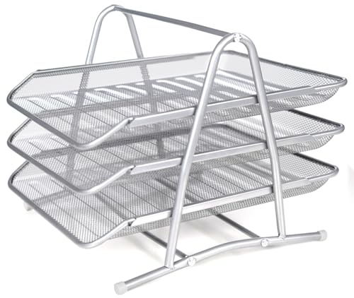 Mesh Desk Storage Organiser, 3 Tier Office Filing Paper Letter Trays Stackable for Home & Office - Easy to Assemble - Silver