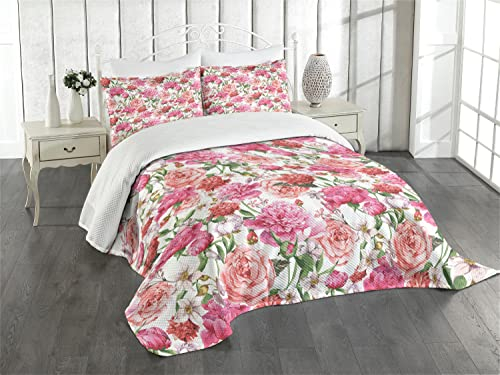 ABAKUHAUS Aquarell-Blumen Tagesdecke Set, Pfingstrosen und Rosen, Set mit Kissenbezug Weicher Stoff, für Einzelbetten 170 x 220 cm,Weiß Rosa Rot