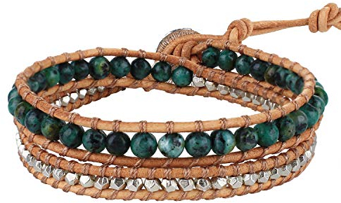 KELITCH Leder Wickelarmband Türkis Gemischtes Perlenarmband Freundschaftsarmbänder Neue Armreifen (Grün 2B)