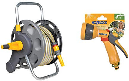 Hozelock 60m Hose Reel which comes with 25m of Select hose; can be attached to the wall or used free standing & HZ2676P0000 Spray Gun, Multi-Colour
