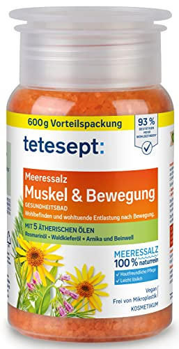 tetesept Meeressalz Muskel & Bewegung – Gesundheitsbad für Entlastung nach Bewegung mit 5 ätherischen Ölen – Wohltuender Badezusatz mit natürlichem Meeressalz – 1 x 600 g
