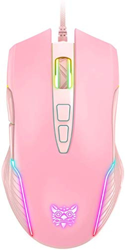 PHNIXGAM Kabelgebundene Gaming-Maus, ergonomische RGB-Computermaus mit RGB-Hintergrundbeleuchtung, einstellbare DPI bis zu 6400, 7 programmierbare Tasten für Windows Vista Linux, Rosa