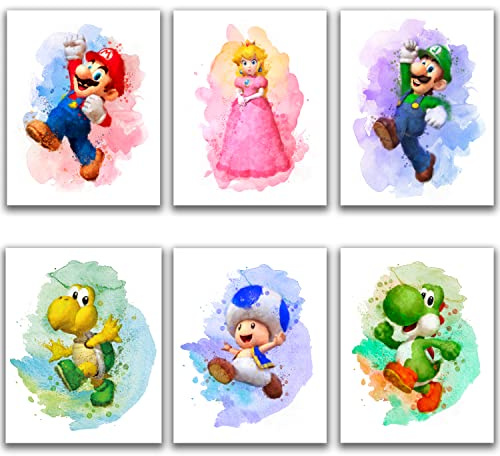 Gwency Design Super Mario spel akvarellaffischer – set med 6 (8 tum x 25 cm) – Super Mario väggkonst spelrumsdekor för barn – barnkammare, badrum, lekrumsdekor (utan ram)