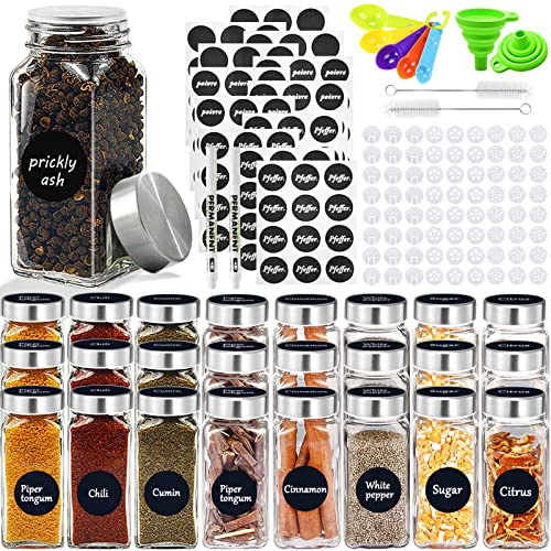 JOTOL Barattoli Spezie,24pcs Barattoli Portaspezie,Contenitori Spezie per Cucina,Trasparente Vasetti Spezie,Contenitori Spezie per Cucina con Etichette Spezie,2 Spazzole,2 Imbuto in Silicone