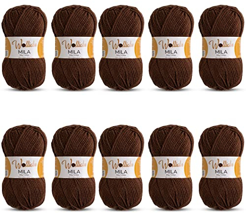 Wollidu Mila-garn för virkning och stickning, 10 x 50 g/133 m stickgarn, 100 % polyakryl, virkgarn, brunt