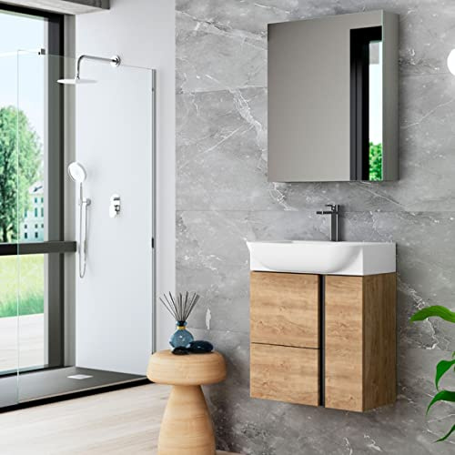 Mueble de Baño Suspendido a Pared Fondo Reducido Versa | Mueble Aseo Pequeño Volado 1 cajón 2 Puertas con Lavabo Cerámico | Roble Natural Tirador Negro | 55cm