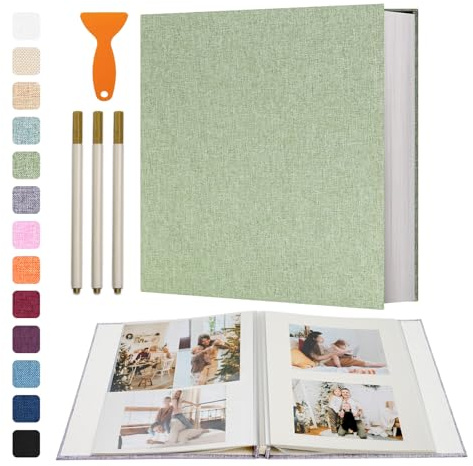 Vienrose Selbstklebendes Fotoalbum aus Leinen 120 Seiten 33x32 cm, Hellgrün | Fotoalbum zum Einkleben und Selbstgestalten, Groß Leinen Photoalbum, Metallstift, Hochzeit Jahrestag Reise Geburtstag