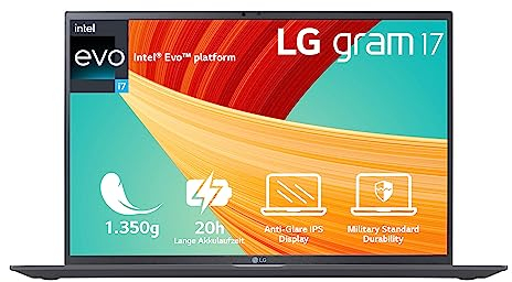 2023 LG gram 17 Zoll Ultralight Notebook - 1.350g Intel Core i7 Laptop (16GB RAM, 1TB SSD, 20h Akkulaufzeit, 16:10 Entspiegeltes IPS-Display, Thunderbolt 4, Win 11 Home, Mirametrix) - Grau