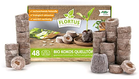 FLORTUS – Kokos Quelltöpfe aus Anzuchterde mit organischem BIO Dünger – 48 Stück Kokos Quelltabletten torffrei & biologisch abbaubar – Quelltabs aus Kokoserde zur Anzucht von Samen & Setzlingen