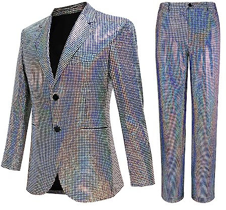 Nawgut Pailletten-Blazer, metallisch, schmal, 2-teiliges Set, Disco, Abschlussball, glänzendes Outfit, Hochzeit, Party, Bankett, modische Jacke, Hose, Splitter, S