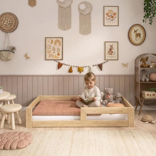 Need Sleep Montessori Bett Kinder Bodenbett 70x140 cm mit Rausfallschutz Lattenrost Kinderbett am Boden Niedrig Kids Floor Bed Bodentief aus Holz Mädchen Junge