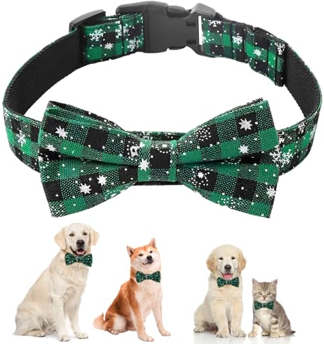 Weihnachtshalsband, Katzen Hunde HundeHalsbänder mit Abnehmbarer Schleife, Halsband einstellbar, Weihnachten Schneeflocken Tartan Halsband für Katzen, kleine, mittlere und große Hunde (Grün-S)