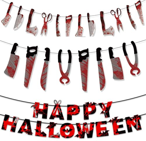 RTRTGS 3 Artikel Halloween Deko Horror Dekoration Set Accessoires Party Girlande Gruselig Zubehör,Waffen Banner Türdeko Fenster Artikel Außen Sachen Wanddeko Haus Wohnung Hängedeko Decoration