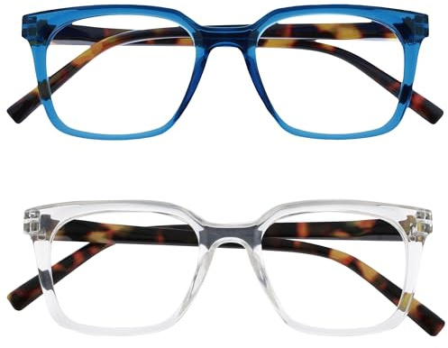 OPULIZE KOI Lunettes de Lecture Lot de 2 - Large Monture Rectangulaire - Bleu/Transparent - Hommes Femmes - Charnières à Ressorts - RR50-3C - +1.50