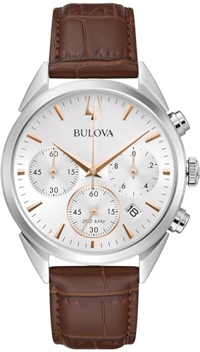 Bulova Orologio da uomo analogico al quarzo giapponese con cinturino in pelle 96B370, Argento, Cinturino