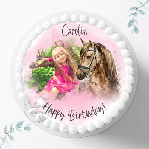 Tortenaufleger Pferd mit eigenem Bild zum Geburtstag, personalisierbar mit Name, ⌀20cm Zuckerbild, Foto für Torten, Fondant für Kinder 3009G