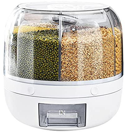 Rice Storage Container 360° Rotating Food Dispenser,7 pounds Large Capacity 6-Grid Rice Bucket Rotating Food Dispenser, Food Storage Containers with Lids Airtight,Moisture-Proof Grains Dispenser/428