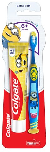 Colgate Cepillo de dientes Minion para niños (más de 6 años), extra suave con limpiador de lengua, 1 unidad y pasta de dientes Minion, 40 g