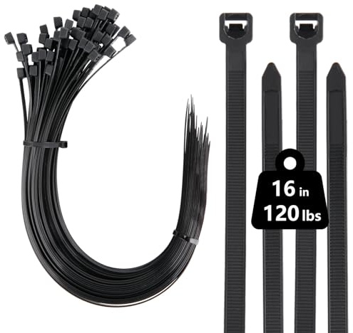 120 lbs Heavy Duty Cable Ties 100 Pack, 400 mm x 7.6 mm Black Long Zip Ties with UV Resistant, 16 inch Nylon Plastic Self Locking Cable Wrap for Tidy Wires, Home, Workshop, Garden and Outdoor