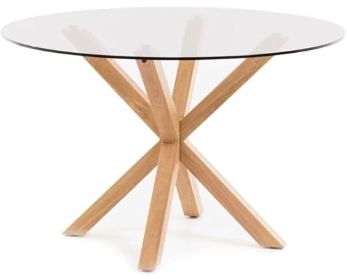 Mesa redonda de comedor de cristal - Patas Metálicas Acabado Efecto Madera