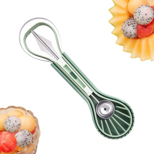 XGIZMOO Melon Baller Scoop Set - 6 in 1,Stainless Steel Fruit Cutter,Seed Remover Cutter,watermelon Scooper Fruit Scooper and Baller, Fruit Carving Tools Dig Pulp Separator Fruit Slicer（Green）