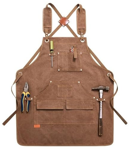 YMYGCC Children Durable Goods Heavy Duty Waxed Unisex Canvas Work Apron with Tool Pockets Cross-Back Straps Adjustable(6)
