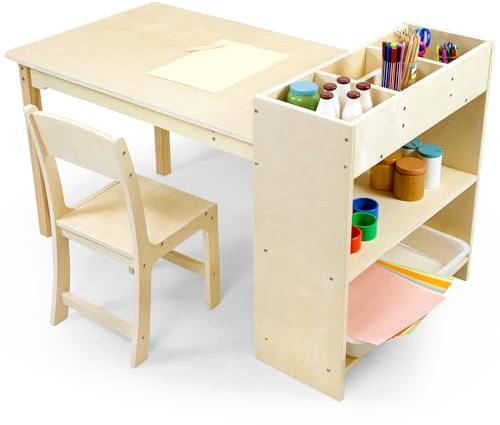 bbgroundgrm Kids Art Table and Chair Set, Birch Wooden Activity Craft Table, Kids Drawing Table, Toddler Desk with Storage and 1 Chair