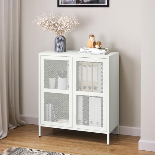 skølm Zephyr Metall Kommode, Sideboard, Weiß, mit Füßen, Push-to-Open | Mehrzweckschrank mit flexiblem Einlegeboden, Metallschrank, 2 Fächer, Industrial Highboard, Flurschrank, Stauraumschrank
