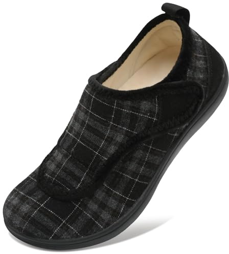 JOINFREE Men's Slippers Wide Fit Adjustable Comfortable House Shoes with Back Heel, Zero-Drop Non-Slip Slippers for Swollen Feet, Sensitive Feet, Indoor Outdoor Walking BlackPlaid 10