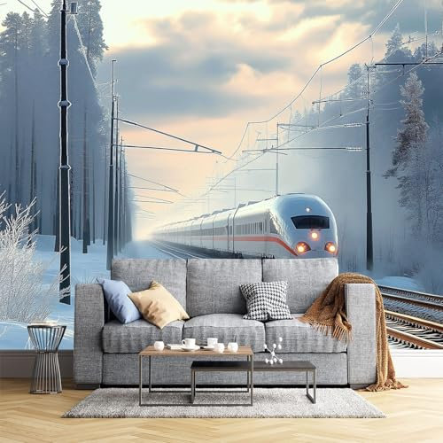 JEDTAKCT Papier Peint Panoramique Nature 300X210Cm - Revêtement Mural Décoration Salon - Train Moderne - Paysage Hivernal - Tableaux Muraux Tapisserie Photo Trompe L'Oeil Pour Chambre