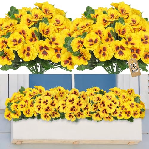 SOMYTING 10 Pcs Artificial Pansies for Outdoor Artificial Silk Flowers UV Resistant Faux Flowers Plastic Plants for Front Porch Garden Window Box Hanging Planter Decoration (Yellow)