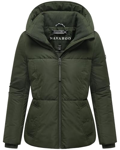 Navahoo Giacca invernale da donna, calda trapuntata con grande cappuccio, motivo: fata 14 S-3XL, verde oliva scuro, XL