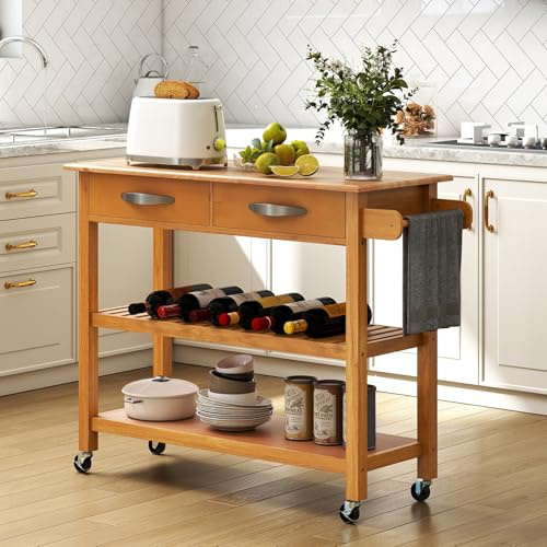 COSTWAY Küchenwagen Holz, Küchenschrank mit Rollen, Rollwagen mit Arbeitsplatte, 2 Schubladen, 2 offenen Regalen & Handtuchhalter, Servierwagen für Esszimmer & Küche, 116 x 43 x 89 cm (Natur)