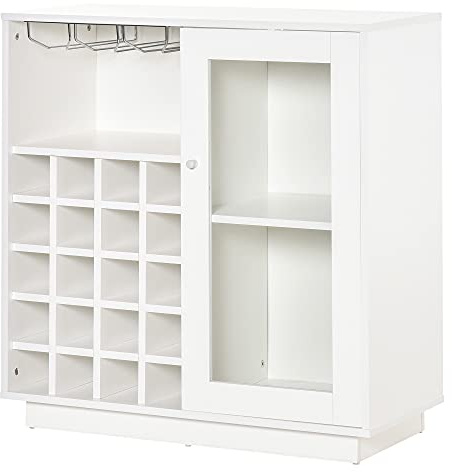 HOMCOM Mobile Portabottiglie Porta Calici e Armadietto 80x36x85 cm Bianco | Cantinetta Portabottiglie, Anta in Vetro, Porta Vini per 20 Bottiglie