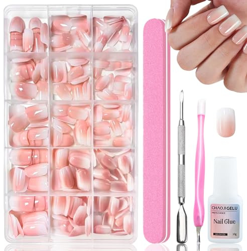240 Stück Rosa Gradient Künstliche Nägel zum aufkleben - Kurz French Press On Nails Squoval, Full Cover Soft Gel Fingernägel, mit Nagelkleber - Ombre Fake Nägel für Frauen DIY Nageldesign