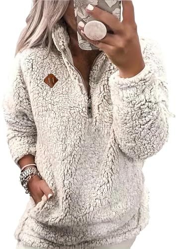Womens Fleece Jumper Fluffy Jacket Soft Warm Teddy Fleece Sweatshirts Casual Jumpers Fuzzy 1/4 Zip Up Long Sleeve Stand Collar Cozy Coat Tops with Pockets