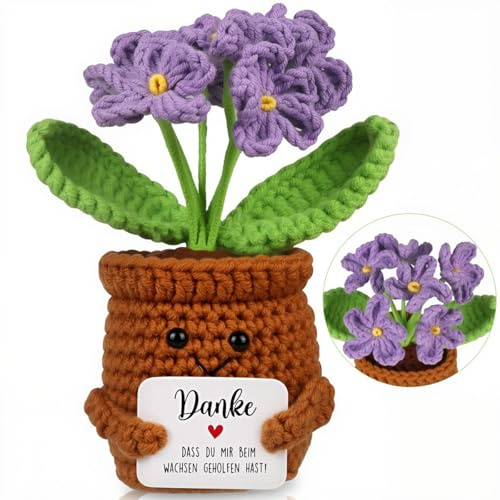 Flower Maceta de Ganchillo Flores - Muñeca con Mensaje Positivo De Ganchillo Hechas a Mano Regalo de Apoyo Emocional Hecho Mano con Tarjeta Estímulo Positivo para Familia Amigos Fiesta (Morado)